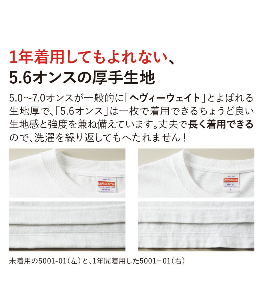 5.6オンス　ハイクオリティーTシャツ（半袖）5001 【ユナイテッドアスレ】の洗濯耐久性