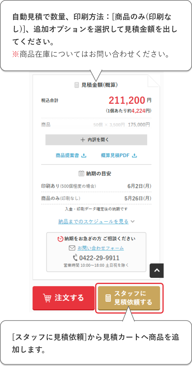 自動見積で数量、印刷方法：[商品のみ(印刷なし)]、追加オプションを選択して見積金額を出してください。[スタッフに見積依頼]から見積カートへ商品を追加します。