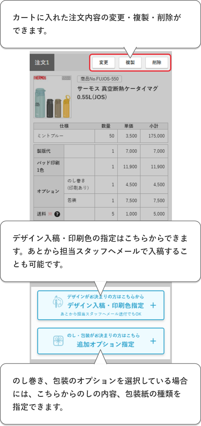 カートに入れた注文内容の変更・複製・削除ができます。デザイン入稿・印刷色の指定はこちらからできます。
あとから担当スタッフへメールで入稿することも可能です。のし巻き、包装のオプションを選択している場合にはこちらからのしの内容、包装紙の種類を指定できます。