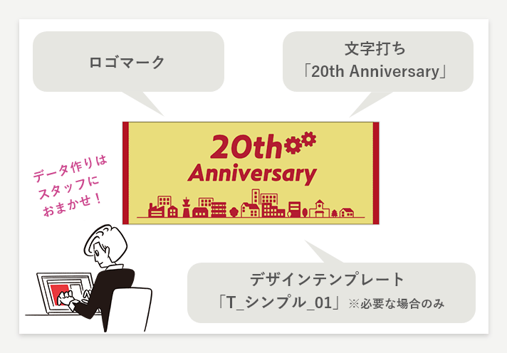 ロゴマーク[ideas],文字打ち「20th Anniversary」,印刷色「DIC176」,デザインテンプレート「T_シンプル_01」※必要な場合のみ